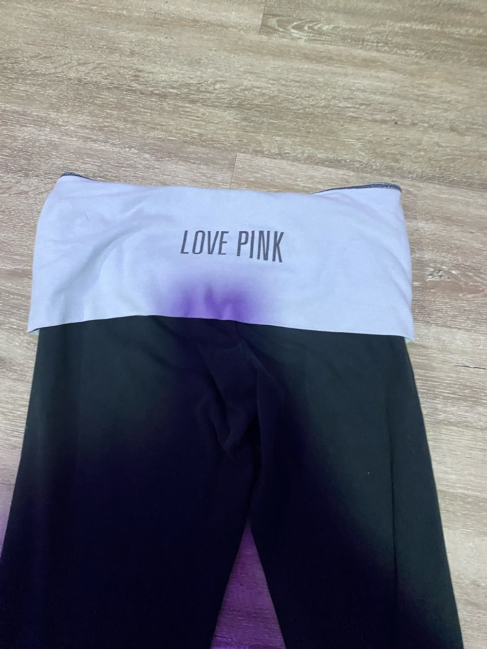 PINK Victoria's Secret Black Leggings with White/Lilac Fold-Over Waistband Y2K - Picture 3 of 7